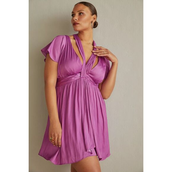 Anthropologie Deep V-Neck Vibrant satin Mini Dress size 10 - Picture 1 of 12